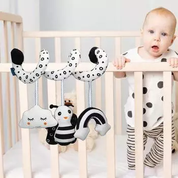 Милая мультяшная спиральная плюшевая игрушка для новорожденных, черно-белая, для автокресла, коляски, подвесные погремушки, игрушка