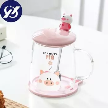 Милая мультяшная стеклянная кофейная кружка, прозрачная офисная чашка с крышкой и ложкой, термостойкая чашка для молочного сока красный