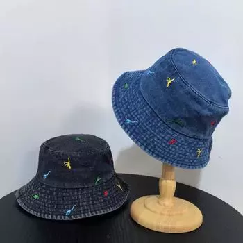 Милая мультяшная вышитая джинсовая шляпа-ведро женская мода универсальный иностранный стиль уличный повседневный текстурный тазик шляпа показать небольшой прилив M56-58cm чёрный