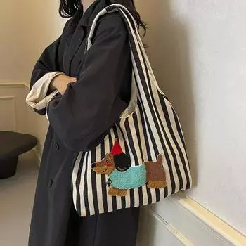Милая мультяшная вышитая сумка через плечо, модная полосатая ручная холщовая сумка, сумка подмышкой, большая вместительная студенческая тканевая сумка