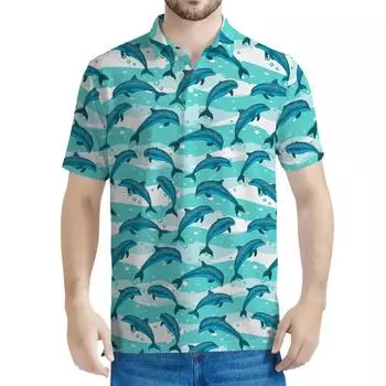 Милая мужская рубашка поло с принтом дельфина, 3D-принт с морскими животными, короткие рукава, детские повседневные летние футболки, свободные футболки на пуговицах S