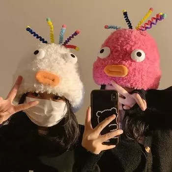 Милая необычная плюшевая шапка женская осенне-зимняя универсальная большая окружность головы теплая шерстяная вязаная шапка новые студенческие шапки