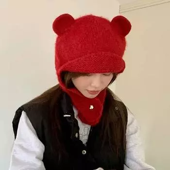 Милая объемная шапка из шерсти с медвежьими ушками, женская осенне-зимняя новая теплая вязаная шапка с ушками Lei Feng hat tide M56-58cm