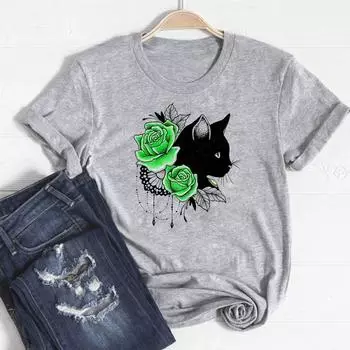 Милая одежда с цветочным котом и домашним животным, повседневная женская футболка с коротким рукавом в стиле 90-х с принтом, женская футболка с рисунком, модная футболка S
