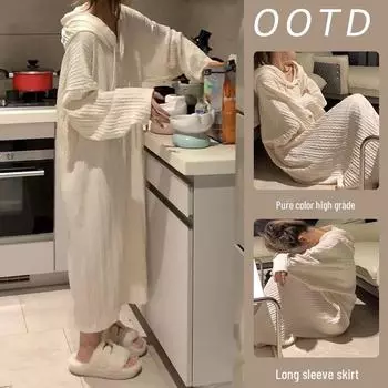 Милая однотонная ночная рубашка с капюшоном в стиле Ins-Style - женская свободная жаккардовая пижама с длинными рукавами для дома и улицы Size L