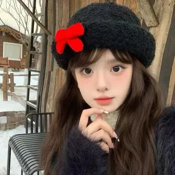 Милая осенне-зимняя шляпа-тазик с красным бантом и плюшевой миской, шляпа-цилиндр с маленькими изюминами M (56-58cm) red bow plush bucket hat чёрный