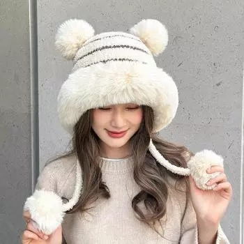 Милая осенне-зимняя вязаная шапка для улицы в корейском стиле с плюшевой толстой шерстяной пряжей, защитная шапка для ушей, женская теплая шапка в наличии белый