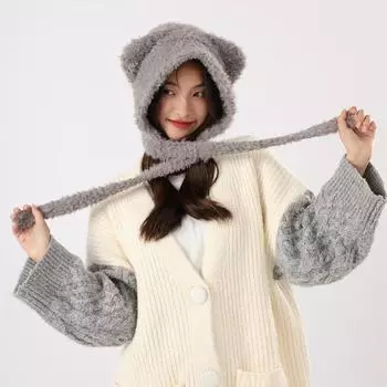 Милая осенне-зимняя вязаная шапка с плюшевым мишкой для защиты ушей в корейском стиле, универсальная теплая шапка из двух клубков пряжи, модная one size чёрный