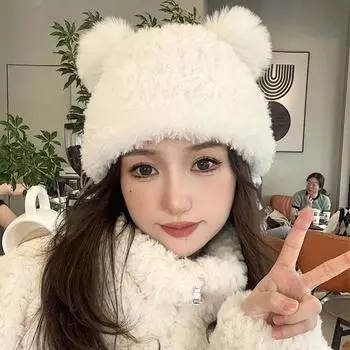 Милая осенне-зимняя вязаная шапка с плюшевым мишкой для защиты ушей, универсальная и теплая, модная шерстяная шапка с двойным шариком one size белый