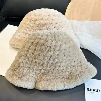 Милая Панама из меха кролика выдры, зимняя женская универсальная теплая шапка-тазик из натурального меха, маленькая меховая шапка с ушками One Size (56-60cm) кремовый