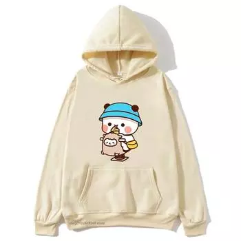 Милая пара Бубу и Дуду играют в парке, графическая толстовка с капюшоном и рисунком медведя панды, женская одежда, кавайный повседневный пуловер S