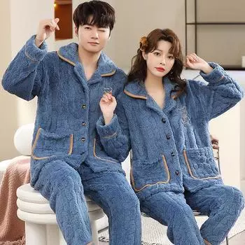 Милая парная пижама 2024 года: Женский осенне-зимний коралловый бархатный мужской теплый утепленный домашний костюм XL