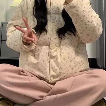 Милая печать Универсальные куртки с капюшоном Y2K Молния Топ Свободное пальто Стиль преппи Модные повседневные утепленные теплые женские парки S бежевый