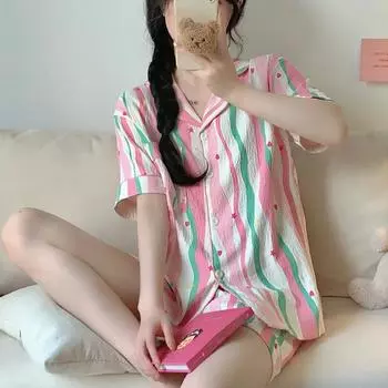 Милая пижама для женщин, милая, удобная одежда для сна, комплект домашней одежды, студенческий кардиган, пижамные шорты в радужную полоску, ночная одежда, одежда для отдыха M красный