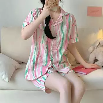 Милая пижама для женщин, милая, удобная одежда для сна, комплект домашней одежды, студенческий кардиган, пижамные шорты в радужную полоску, ночная одежда, одежда для отдыха M красный