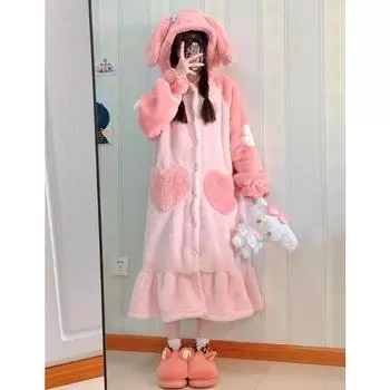 Милая пижама принцессы с капюшоном, женская зимняя коралловая бархатная толстая милая ночная рубашка, розовая кавайная мультяшная ночная рубашка, домашняя одежда S розовый