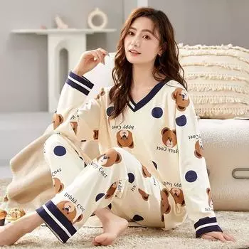 Милая пижама с принтом медведя для женщин, осень-зима, с длинным рукавом, хлопковая пижама, мягкая пижама для отдыха, домашние костюмы для девочек с героями мультфильмов M