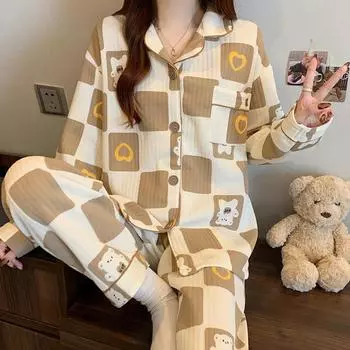 Милая пижама с принтом мультяшного медведя для женщин, осенне-зимняя пижама с длинным рукавом, повседневный комплект домашней одежды M
