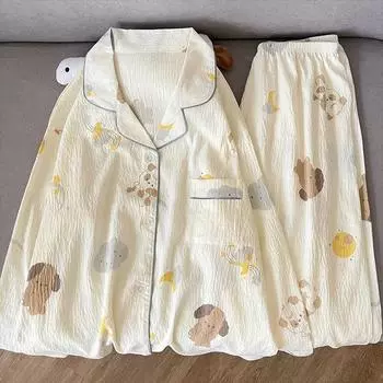 Милая пижама с рисунком луны и собаки, корейская повседневная мягкая пижама с лацканами, большой размер, весенняя домашняя одежда XL