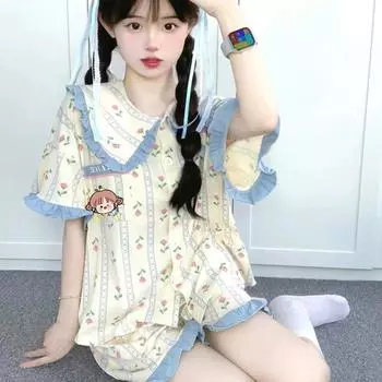 Милая пижама в стиле принцессы, женская летняя милая мультяшная интернет-знаменитость, с коротким рукавом, женская студенческая домашняя одежда M синий