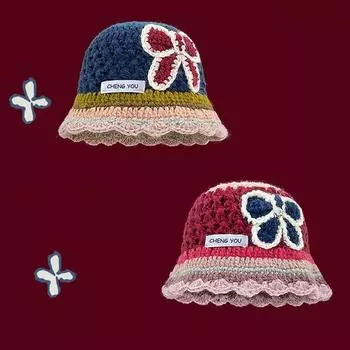 Милая плетеная шляпа-ведро с бантом, женская шляпа-горшок в стиле ретро с контрастным кружевом, маленькая вязаная шапка с изображением лица допамина M56-58cm