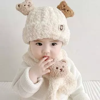 Милая плюшевая детская шапка-шарф из двух частей, зимняя детская шапка для мужчин и женщин, теплая детская шапка-пуловер с защитой ушей one size fits all бежевый