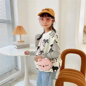 Милая плюшевая детская сумка на плечо с рисунком маленького кота, флисовый кошелек для монет для маленьких девочек, модная сумка-мессенджер, детские подарки на день рождения белый