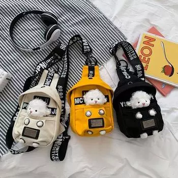 Милая плюшевая игрушка внутри нагрудной сумки для женщин, повседневная парусиновая сумка, женские сумки через плечо, сумка через плечо с буквенным принтом и ремешком, женская сумка Bolso Sac