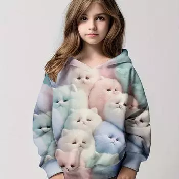 Милая плюшевая кошечка с принтом по всему периметру для девочек, повседневная толстовка с капюшоном и длинными рукавами, удобные толстовки с капюшоном, топы для вечеринок 100