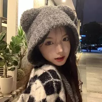 Милая плюшевая шапка-медведь женская осенне-зимняя шапка с маленьким лицом теплая вязаная шерстяная шапка большая окружность головы протектор для ушей головной убор One Size