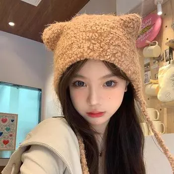 Милая плюшевая шапка на привязи на осень и зиму с большой окружностью головы, теплая защитная шапка для ушей, вязаная шерстяная шапка для детей M54-58cm
