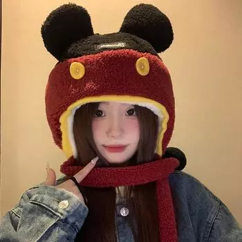Милая плюшевая шапка-пуловер с ушками, женская, осень-зима 2024 года, универсальная вязаная шапка, утолщенная, теплая, для защиты ушей, шапка Lei Feng M56-58cm красный