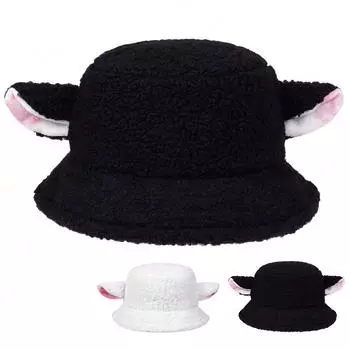 Милая плюшевая шапка рыбака с ушками овцы для женщин и девочек, шапка из овечьей шерсти для косплея, осенне-зимний теплый головной убор, шапки-ведра, украшения чёрный