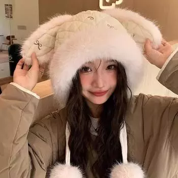 Милая плюшевая шапка с длинными ушами для женщин, утолщенная для езды на велосипеде осенью и зимой, теплая защита ушей и защита от холода, большая окружность головы, Lei Feng M56-58cm белый
