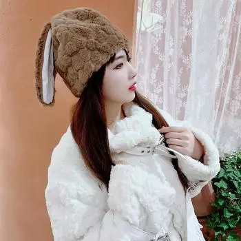 Милая плюшевая шапка с длинными ушами кролика, женская утолщенная теплая вязаная шапка с ушками чёрный