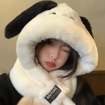 Милая плюшевая шапка с длинными ушками щенка, интегрированная в шарф, женская шапка Lei Feng, осенние и зимние модели, показывающие маленькое лицо и сохраняющие тепло, комплект из двух предметов M (56-58cm) letter mark NATOAIX