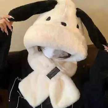 Милая плюшевая шапка с длинными ушками щенка, встроенная в шарф, шапка Lei Feng, женская осенне-зимняя, маленький теплый комплект из двух предметов белый