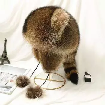 Милая плюшевая шапка с хвостом енота, женская зимняя ветрозащитная, толстая, теплая, модная, уличное ухо, шапка-бомбер, русская шапка 1Pc
