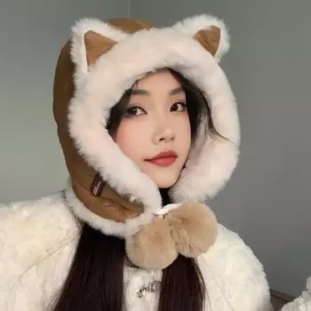 Милая плюшевая шапка с изображением котенка для женщин зимой с плюшевым утеплителем для сохранения тепла и защиты от холода Шапка Lei Feng, закрывающая уши, ветрозащитные шапки и кепки (Женский) One size хаки