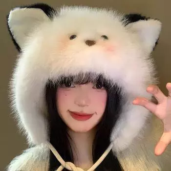 Милая плюшевая шапка с кошачьими ушками для женщин на осень и зиму, маленькая пушистая шапка с ушками, для холодной и теплой погоды белый