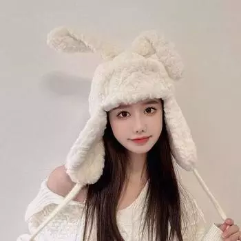 Милая плюшевая шапка с кроличьими ушками, женская зимняя утолщенная теплая шапка Lei Feng, уличная лыжная велосипедная шапка с ушками M56-58cm белый