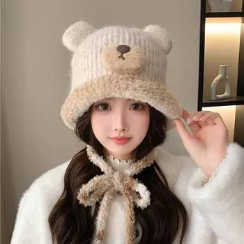 Милая плюшевая шапка с медведем для женщин, зимняя, маленькая, теплая, пушистая, для защиты ушей, вязаная шерстяная шапка чёрный