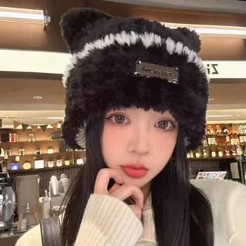 Милая плюшевая шапка с медведем, женская холодная и теплая вязаная шапка, большая окружность головы, защита ушей, показывающая лицо, маленькая шерстяная шапка Tide