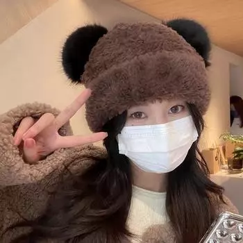 Милая плюшевая шапка с медведем, женская осенне-зимняя утепленная защитная шапка для ушей, популярная вязаная шапка чёрный