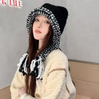 Милая плюшевая шапка с медведем, женская зимняя плюшевая утолщенная теплая шапка Lei Feng из искусственного меха кролика, ветрозащитный защитный головной убор для защиты ушей M56-58cm