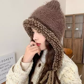 Милая плюшевая шапка с медведем, женская зимняя плюшевая утолщенная теплая шапка Lei Feng, ветрозащитный головной убор для защиты ушей кофейный