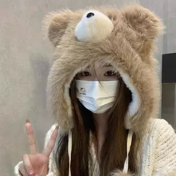Милая плюшевая шапка с медведем, женская зимняя утепленная шапка-ушанка для северо-востока, для езды на велосипеде, катания на лыжах, для холодной погоды one size fits all хаки