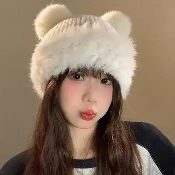 Милая плюшевая шапка с медвежьими ушками, женская, осенне-зимняя, универсальная, имитация кроличьей шерсти, холодная и теплая, вязаная шерстяная шапка, большая окружность головы M56-58cm белый