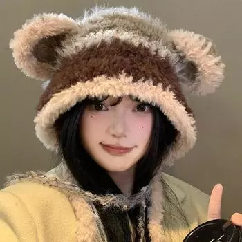 Милая плюшевая шапка с медвежьими ушками, женская, осенне-зимняя, контрастные цвета, полосатая мордочка, маленькая вязаная шапка, теплая, защитная шапка для ушей average size