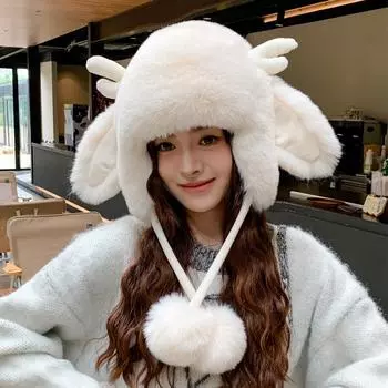 Милая плюшевая шапка с рогами оленя, женская зимняя теплая и холодная защитная шапка для ушей, японская милая студенческая шапка Lei Feng, толстая